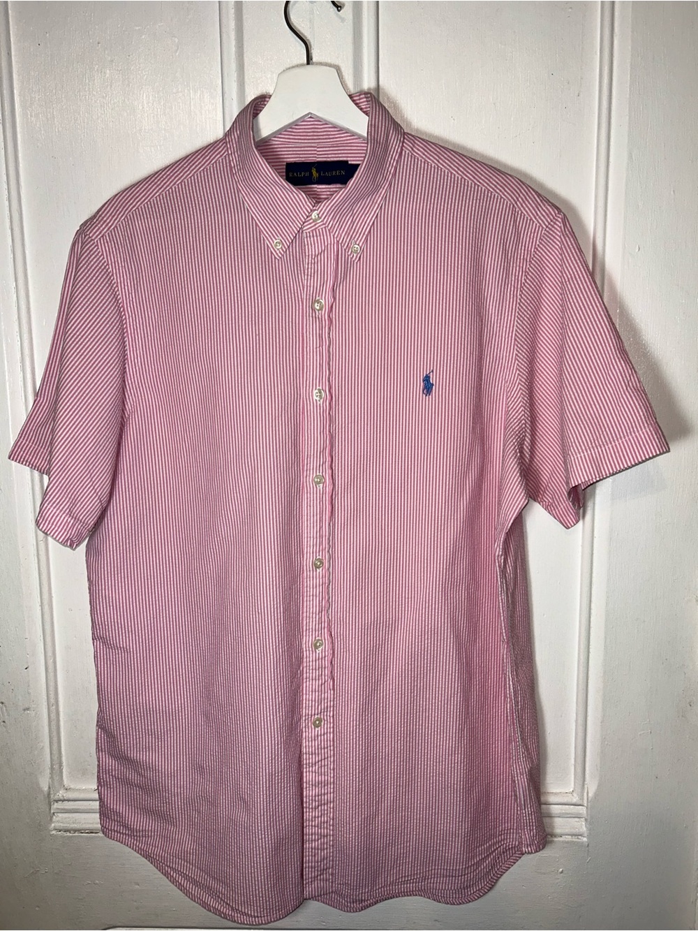 Ralph Lauren Seersucker Pink White Button Down Blue Pony Short Sleeve Shirt